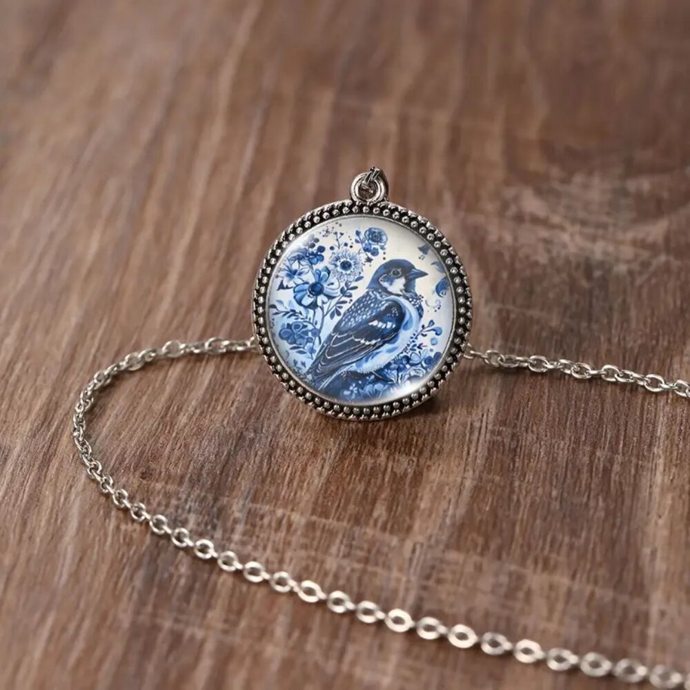 Vintage Style Blue and White Sparrow Bird Pendant Necklace